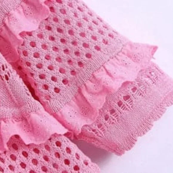 NEW ZARA Pink Cotton Knit Crochet Crop Top: Cottagecore Cardigan - Picture 8 of 16